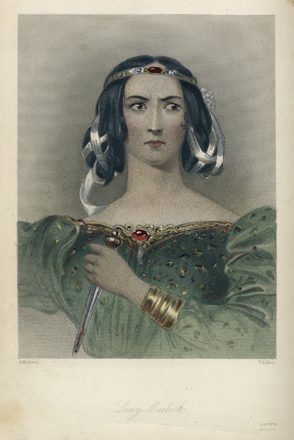 A print of Lady Macbeth from Mrs. Anna Jameson's 1832 analysis of Shakespeare's Heroines, Characteristics of Women. Author: Kenny Meadows. olger Shakespeare Library Digital Image Collection
